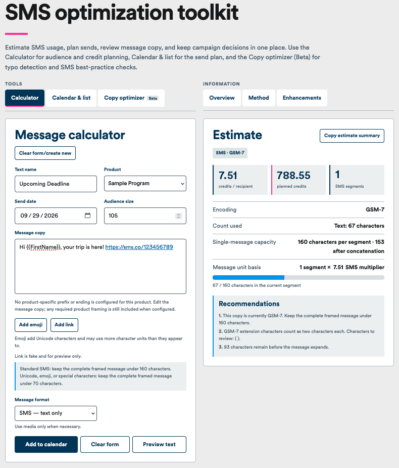 Sanitized screenshot of the SMS optimization workspace, showing the message calculator and credit estimate